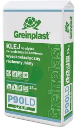 Glue for ceramic tiles and stone, liquid, flexible white and low-dust. GREINPLAST P90LD
